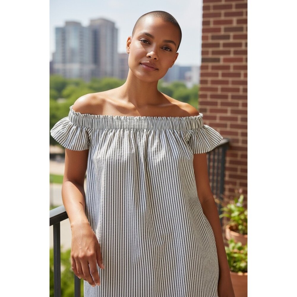 Rebellion Gray & White Striped Off-Shoulder Ruffle Top S